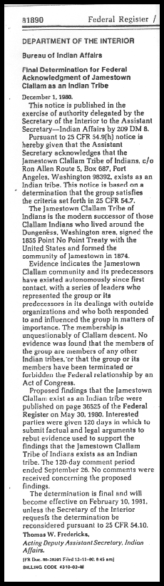 Federal Register entry officially recognizing the Tribe